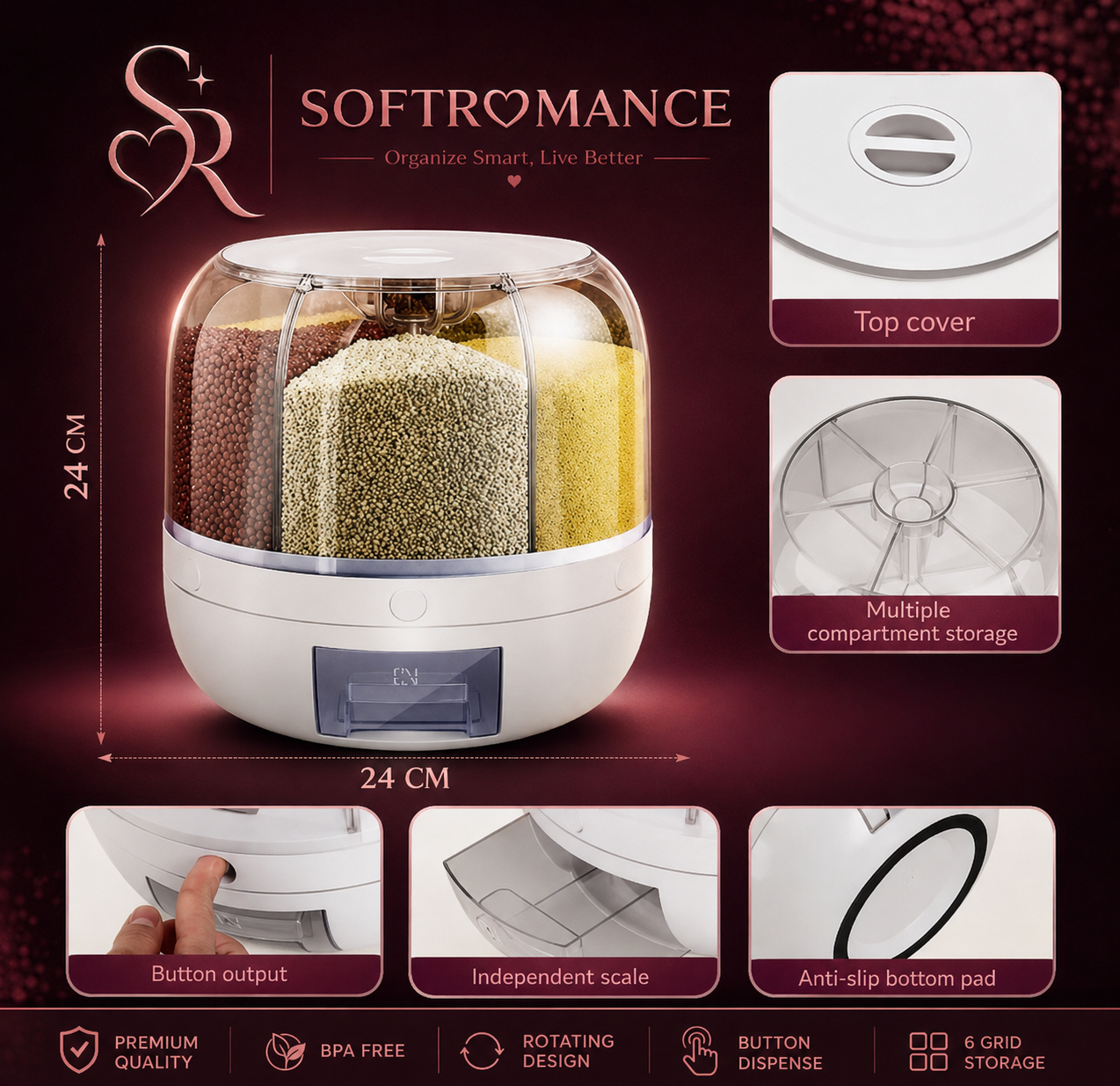 360° Rotating Multi-Compartment Automatic Grain & Pulses Storage Dispenser