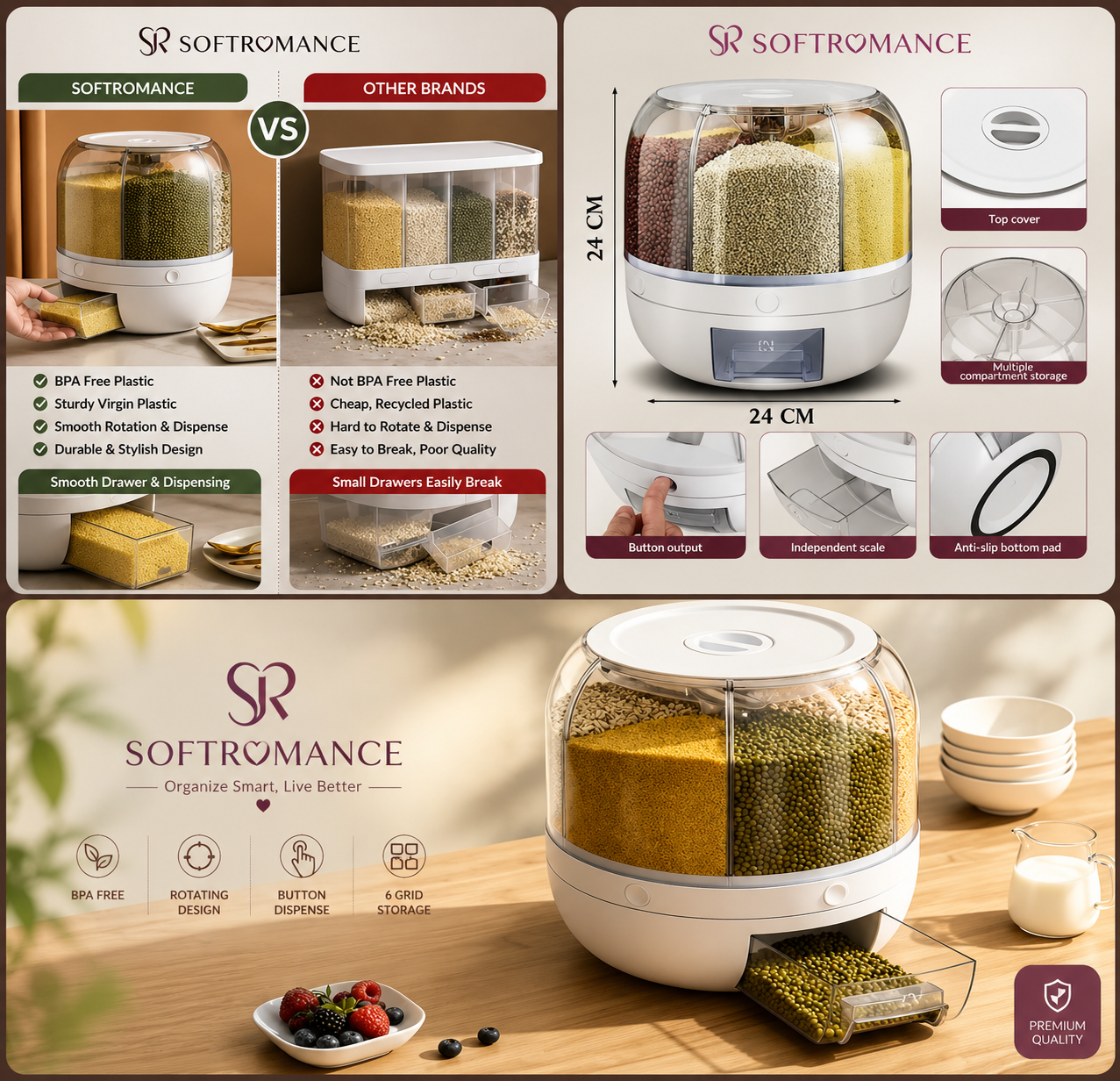 360° Rotating Multi-Compartment Automatic Grain & Pulses Storage Dispenser