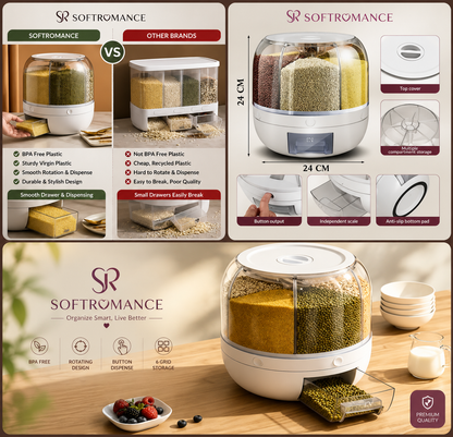 360° Rotating Multi-Compartment Automatic Grain & Pulses Storage Dispenser